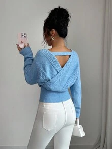 SHEIN Elenzya Áo len quấn cổ chữ V màu trơn thanh lịch dành cho nữ, Thu/Đông - Màu xanh lam - Xem 5
