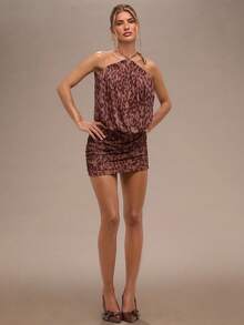 SHEIN BAE Summer Autumn Sexy Leopard Print Swing Neck Hip Shrink Mini Backless Dresses,Vacation Outfits Women,Mini Dress ,Sexy Dress,Beach Vacation Outfits,Halloween Clothes Women ,Halloween Costume