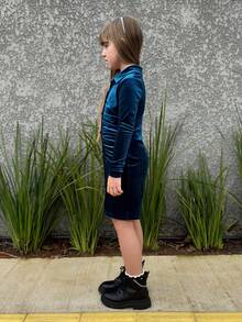 SHEIN Váy xếp ly cổ bẻ màu trơn cho bé gái tuổi mới lớn - Màu xanh lam - Xem 5