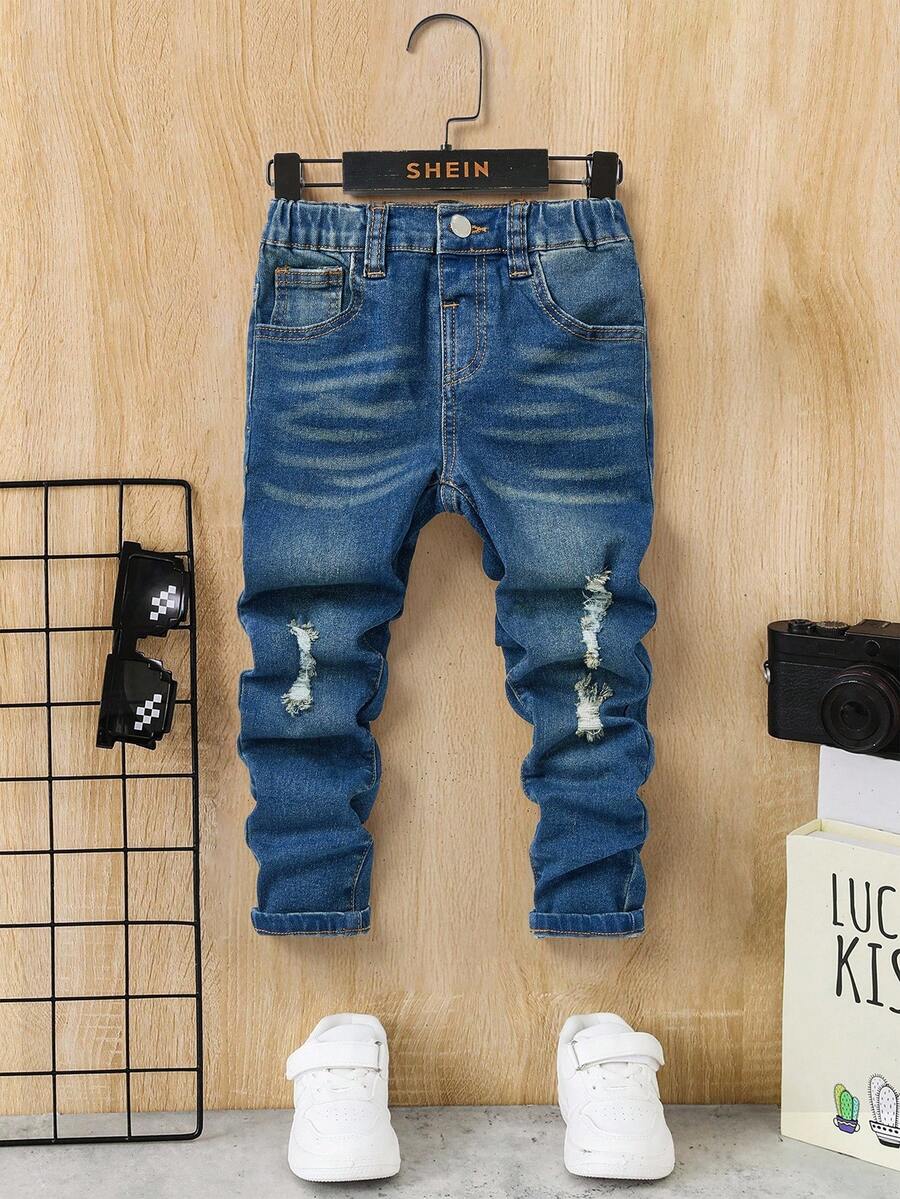 SHEIN Young Boy Ripped Frayed Washed Grey Denim Jeans,For Spring And Summer Young Boy - Medium Wash - View 1