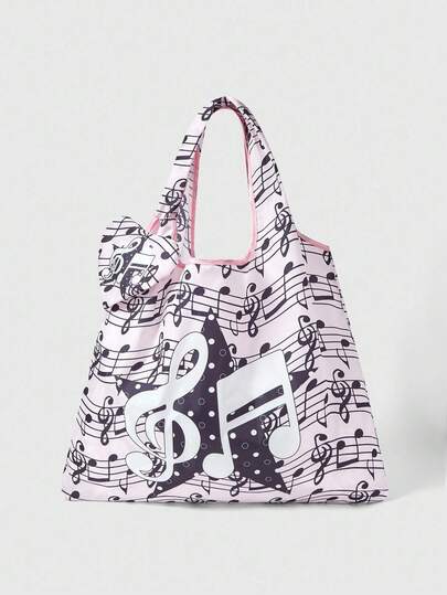 Kawaii Bolso de tote plegable de gran capacidad con patrón de corazón y nota musical, bolsa de compras portátil con monedero