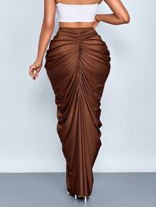 SOLERSUN Women's Fashion Solid Color Gathered Ruched Skirt - Coffee Brown - View 2