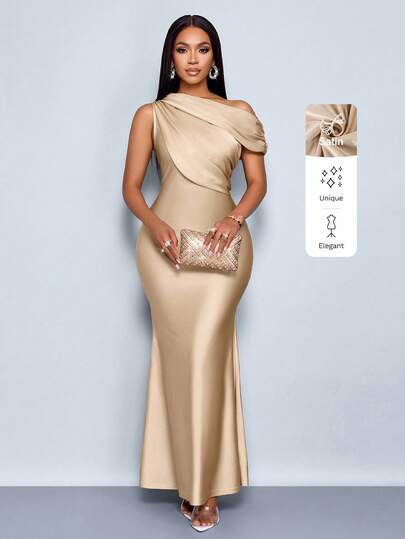 SOLERSUN Vestido largo de mujer de verano para boda y fiesta, elegante, de color albaricoque, de tejido brillante, asimétrico, con hombros descubiertos, sin mangas, con panel de recogido, ajustado y con dobladillo de cola de pez