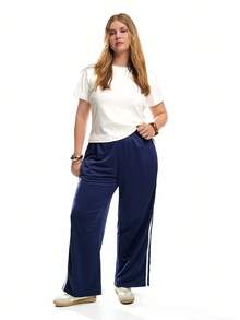 Solavibe Plus Size Women Elastic Waist Casual Side Striped Wide Leg Loose Sweatpants Graduation,Back To School Outfits,Graduation,Teacher Outfits For Women,Back To School - Navy Blue - View 3