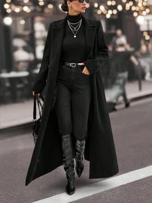 EURMUSE Extra Long,Black Minimalist Style Overcoat - Black and White - View 3