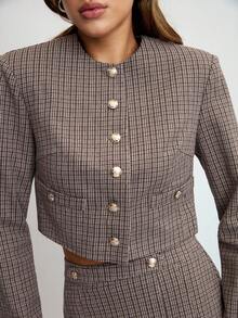 Avenya Chaqueta corta con botones metálicos y estampado de cuadros - Marrón - Ver 2