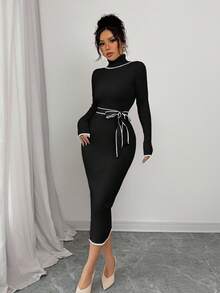 Selianne Women's Elegant Turtleneck Fitted Ribbed Texture Bowknot Sweater Dress - Black - View 3