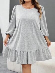 SHEIN CURVE+ Plus Size Casual Loose Gray Round Neck 3/4 Sleeve Ruffle Hem Sweatshirt Dress, Women Autumn Dress,Fall Clothes For Women/Autumn /Winter - Grey - View 9