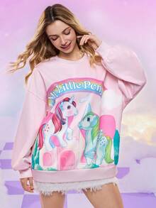 My Little Pony X SHEIN Women's Cute Pony Print Round Neck Drop Shoulder Sweatshirt, Autumn Aesthetic Tops Kawaii Aesthetic Pink Sweatshirt Romwe Kawaii