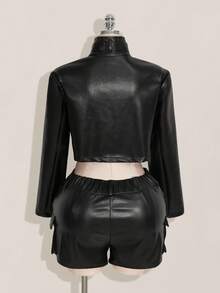 SHEIN ICON 秋季大码女式时尚纯色立领超短夹克 - 黑色 - 查看 2