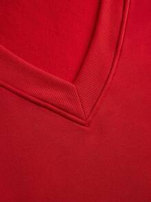 SHEIN EZwear Plus Size Women Casual Solid Color V-Neck Plus Size Loose Sweatshirt, Suitable For Halloween And Christmas In Fall/Winter - Red - View 4
