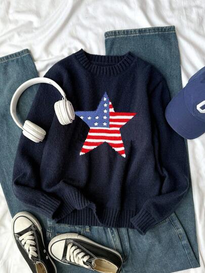 SHEIN Pullover jacquard tricoté à étoiles bleu marine pour préadolescentes, polyvalent et pour l'automne/l'hiver