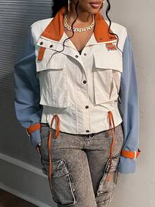 Slaydiva Women's Plus Size Contrast Color Block Drawstring Hem Jacket For Everyday Wear, Autumn/Winter - Multicolor - View 3