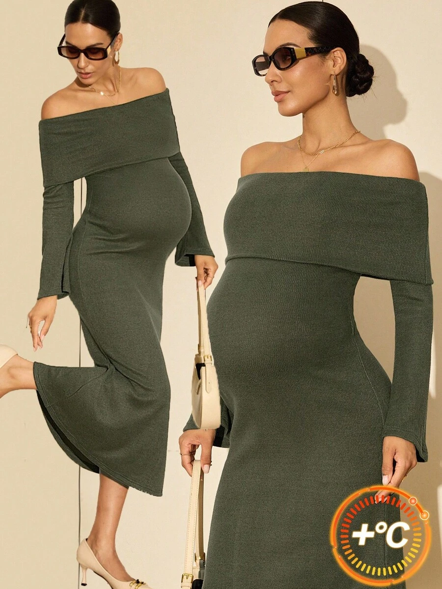 MaterniWear Quần áo công sở cho bà bầu, Trang phục công sở cho bà bầu, Đầm công sở cho bà bầu, Quần áo công sở thường ngày cho phụ nữ công sở mùa thu, Quần áo mùa thu, Quần áo bà bầu mùa thu Đầm dài tay trễ vai tối giản màu trơn cho bà bầu, Đầm bà bầu mặc hàng ngày thường ngày để chụp ảnh Đầm bà bầu màu xanh lá cây nhạt Đầm bà bầu trễ vai Đầm thân thiện với bụng bầu Đầm chụp ảnh bà bầu Đầm chụp ảnh bà bầu - Xám - Xem 1