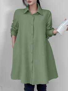 Celisse Ladies' Solid Color Long Shirt With Single Button For Summer Fall Cloth For Women - Mint Green - View 5