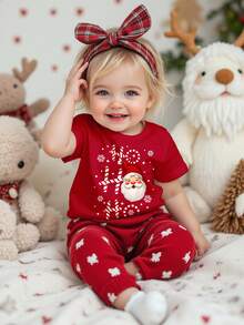 SHEIN 3 pièces T-shirts à col ras du cou manches courtes décontractés pour bébés filles avec des motifs de Noël mignons comme amande crème, rose crème, rouge de Noël, célébration de dessin animé, bonhomme de neige amusant, flocon de neige, Père Noël, convenant pour toutes les saisons - Multicolore - Voir 6