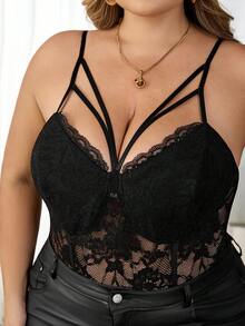 SHEIN CURVE+ 大码女式性感优雅蕾丝拼接紧身衣，适合日常穿着、商务、简约、通勤、优雅、休闲、购物、街头服饰、外出，易于搭配且看起来修身，凸显您的身材，修饰身材 - 黑色 - 查看 6