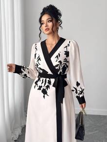 Elenzga 优雅时尚随机印花黑白拼布大码女式连衣裙 - 彩色 - 查看 7