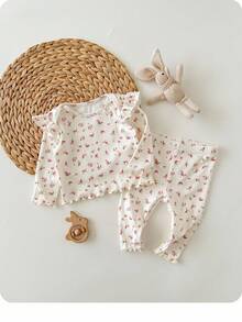 Conjunto de top de manga larga y pantalones de punto con estampado floral lindo y casual para bebé niña recién nacida - Beis - Ver 7