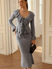 Aveloria Rosie Women's Autumn/Winter Ruffled Drawstring Knitted Cardigan And Knitted Pencil Skirt 2 Pieces Set, Elegant & Fitted