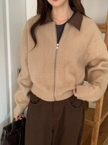 DAZY 女式 PU 拼色落肩休闲拉链针织开衫 秋冬款 - 卡其色 - 查看 4