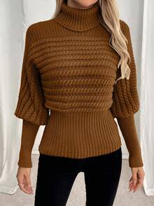 EMERY ROSE Áo len chui đầu cổ lọ dệt kim cáp dáng rộng sang trọng cỡ lớn ôm vừa vặn - màu nâu - Xem 6