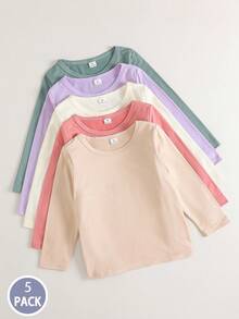 SHEIN Playful Pals 5 قطع تيشيرتات كاجوال طويلة الأكمام بياقة دائرية مناسبة للبنات الصغيرات، مناسبة للربيع والخريف والعطلات والاستخدام اليومي والخروجات والمدرسة، مريحة وجذابة للخريف والشتاء