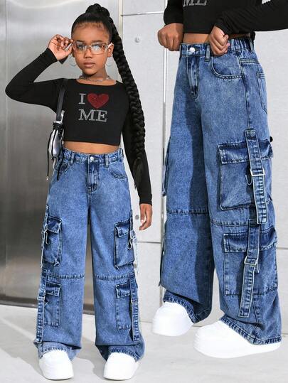 SHEIN 少女Y2K时尚浅色水洗高腰宽松直筒工装牛仔裤，带实用口袋，百搭风格，夏季街头风波西米亚风，适合锐舞派对、音乐会、音乐节等场合。Y2K工装牛仔裤，Y2K风格宽松牛仔裤。