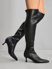 CUCCOO SZL 女士秋冬新款白色时尚超高过膝靴，百搭尖头小猫跟优雅简约弹力过膝靴 - 黑色 - 查看 8