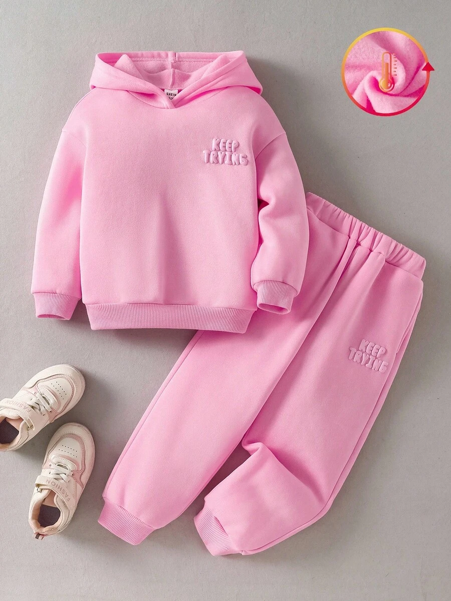 2 件套年轻女孩休闲百搭舒适字母和图形印花连帽运动衫和抽绳口袋慢跑裤套装，适合通勤、上学、日常、度假、运动、秋冬 - 粉色 - 查看 1
