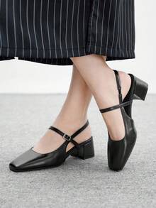 CUCCOO BIZCHIC Women's Square Toe Mid-Chunky Heel Slingback Pumps, Classic Black Minimalist Design, Suitable For Daily Commute, Work, And Casual Outings For Christmas Spring Shoes - Black - View 4
