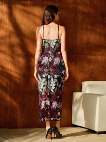 Anewsta 女士优雅花卉亮片细肩带开叉连衣裙，适合约会、万圣节、派对、秋季 - 紅色 - 查看 2