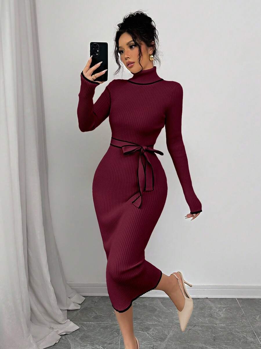 Selianne 女式优雅高领修身罗纹蝴蝶结毛衣裙 - 紅色 - 查看 1