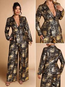Cravure Christmas Plus Size Women Metallic Foil Elegant Suit Set, Suitable For Party And Office, Autumn/Winter - Multicolor - View 6
