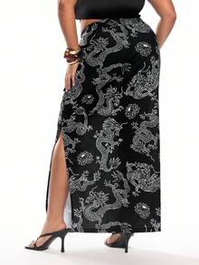Solavibe 女性加大碼龍紋劈叉裙