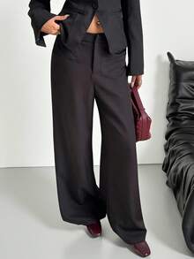 SHEIN EZwear NEW Autumn Clothes Old Money Women's Social Pant Women's Fashionable Black Woven Wide Leg Suit Pants With Pockets