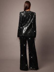 Silquee Autumn And Winter Women's Black Fringe Sequin Fabric Diamond Button Fashion Suit Pants, Suitable For Parties, Gatherings, Dates, Going Out, Wedding Guests, Birthdays, Dates, Halloween, Thanksgiving, Christmas Sequin Fringe Pants Party - Black - View 3