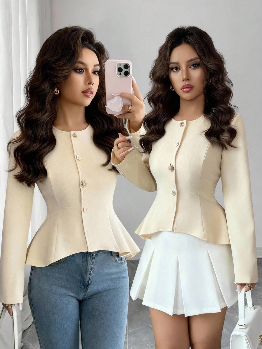Elenzga Áo khoác vải họa tiết màu mơ vàng dài tay bất đối xứng, thắt eo thanh lịch dành cho nữ khi đi làm - Màu vàng - Xem 1