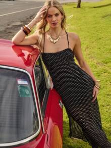 Aralina Fall / Winter Halter Neck Tie Up Polka Dot Y2K Maxi Dress With Ruffle Detail For Going Out And Night Out Dress Perfect For Homecoming