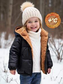 SHEIN 女婴可爱百搭保暖连帽夹克，秋冬 - 黑色 - 查看 1