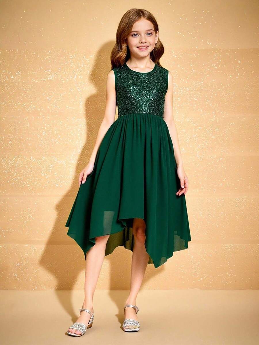 Tween Mädchen Elegant Hochwertig Ärmellos Pailletten Taille Eng anliegend Asymmetrischer Saum Kleid, Smaragdgrün - Dunkelgrün - Übersicht 1
