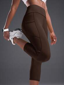 Powerista Women's Brown High Waist Workout Leggings With Pockets - Coffee Brown - View 5