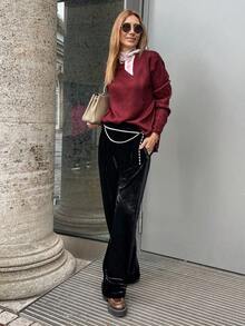 Vivie Lora 女士酒红色宽松圆领毛衣 - 紫色 - 查看 3