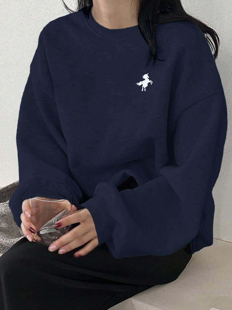 DAZY 女式宽松圆领字母刺绣套头衫 - 藏蓝色 - 查看 1