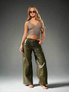 MISSGUIDED Pantalones de pierna ancha con acabado brillante, de estampado metálico, de talle alto para fiesta de noche, club y declaración de moda de otoño, invierno y Navidad - Verde - Ver 3