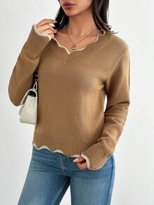 SHEIN Tall V Neck Casual Contrast Binding Detailed Sweater,Jumper,Cream Jumper,Jumpers For Women,Jumpers,Black Jumper,Womens Jumper,White Jumper,Women's Jumper,Women's Jumpers,Winter Clothes - Coffee Brown - View 5