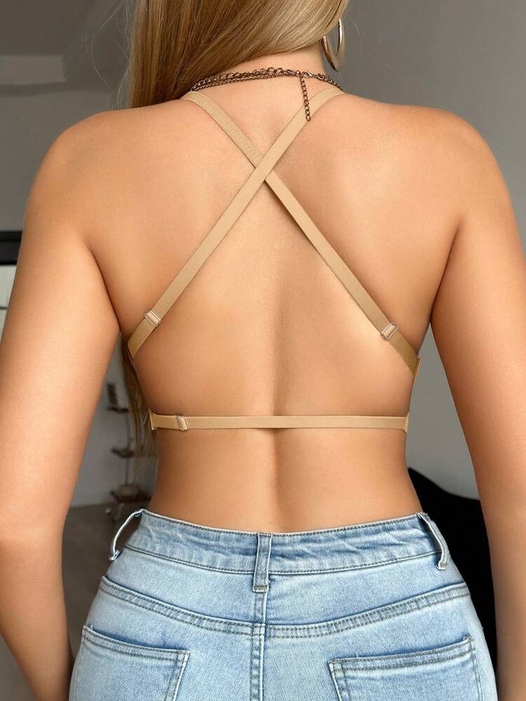 DesireSculpt 1 pieza Sujetador de mujer de unicolor minimalista y casual con escote en V profundo, tirantes finos y espalda descubierta - Albaricoque - Añade 8