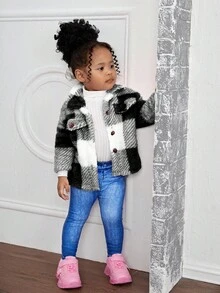 Babygirl Plush Checkered Lapel Jacket, Versatile For Outings, Autumn/Winter - Black - View 6