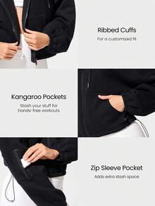 GLOWMODE 日常羊毛衫 凉爽弹性柔软 轻盈保暖 抽绳下摆口袋 齐臀宽松全拉链连帽衫 秋冬户外日常休闲 - 黑色 - 查看 5