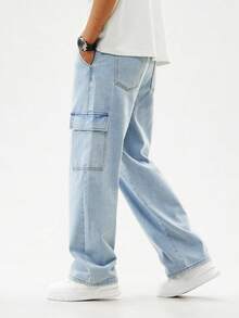 SHEIN Teen Boys' Casual Washed Light Blue Cargo Jeans, Comfortable Relaxed Fit With Elastic Waistband